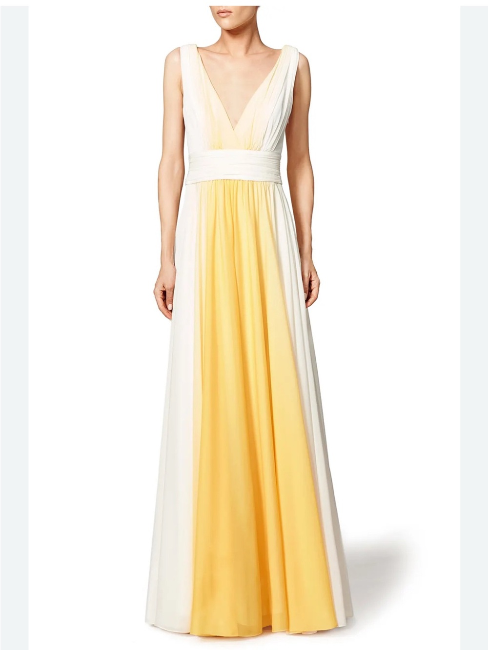Halston Heritage Yellow and White V-Neck Maxi Dress